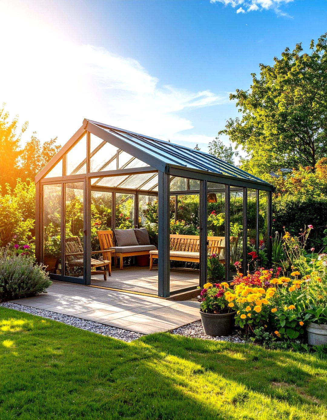 Corner Greenhouse with Integrated Seating Area - 24 Corner Greenhouse Ideas
