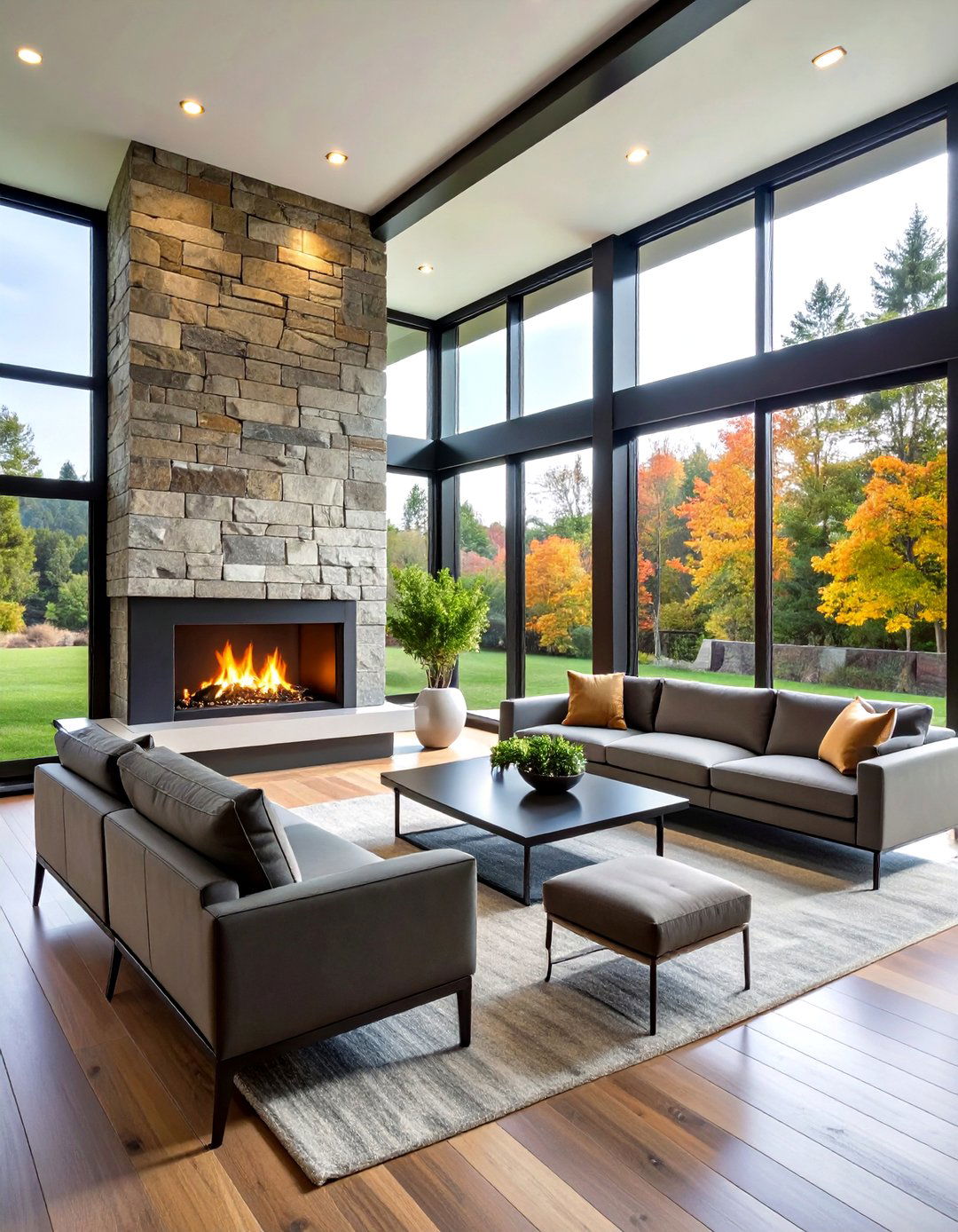 Corner Modern Fireplace with Floor to Ceiling Glass - 24 Modern Fireplace Ideas