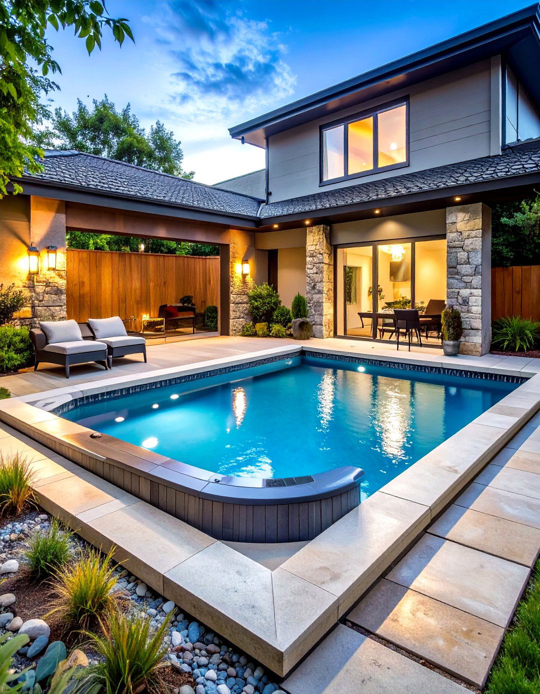 Corner Spa Placement Design - 24 Rectangle Pool With Hot Tub
