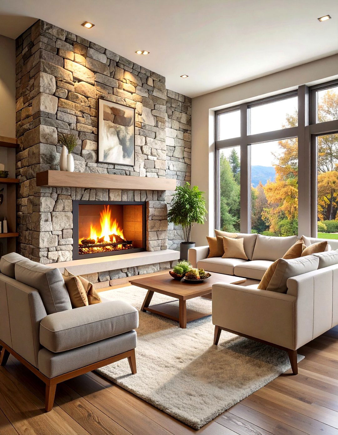 Corner Stone Fireplace Design - 24 Floor-to-Ceiling Stone Fireplace Ideas