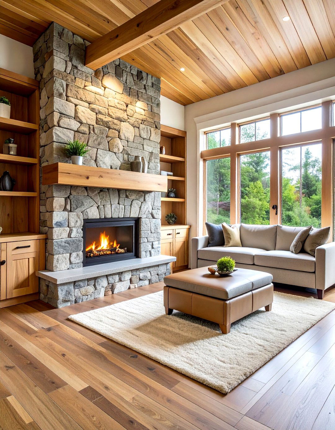 Corner Stone Fireplace with Built in Storage - 24 Bedroom Fireplace Ideas