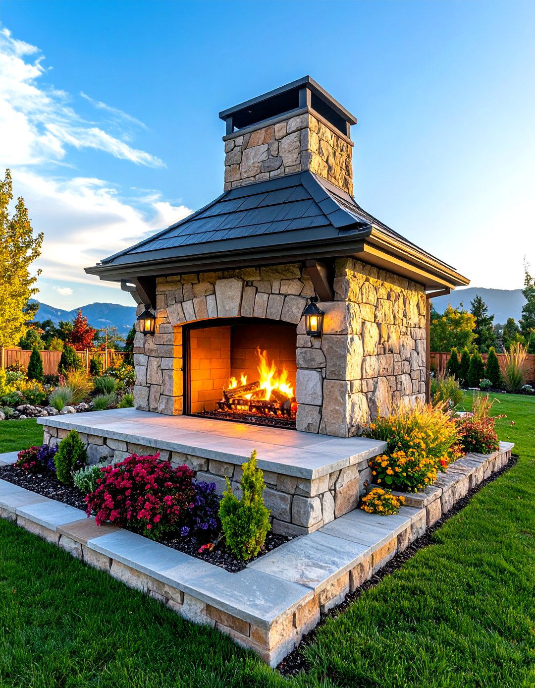 Corner Stone Outdoor Fireplace with Wind Protection - 24 Rustic Outdoor Fireplace Ideas