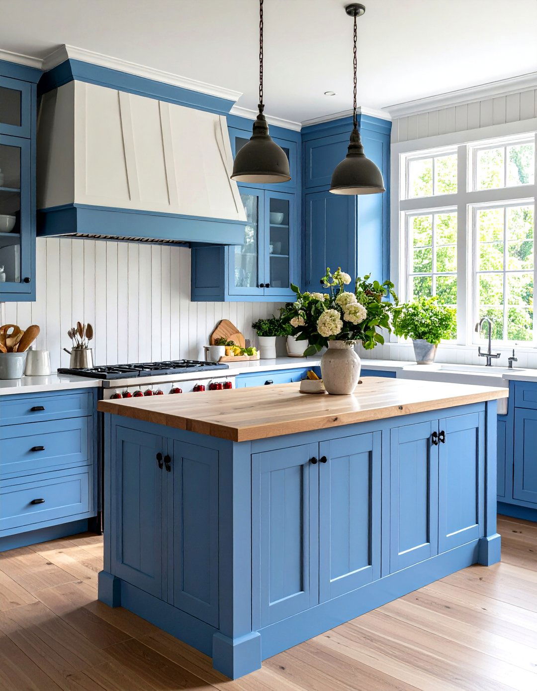 Cornflower Blue Cottage Island with Beadboard Paneling - 24 Blue Kitchen Island Ideas