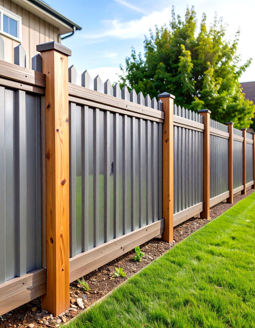 Corrugated Metal Wood Post Privacy Fence - 24 Metal and Wood Fence