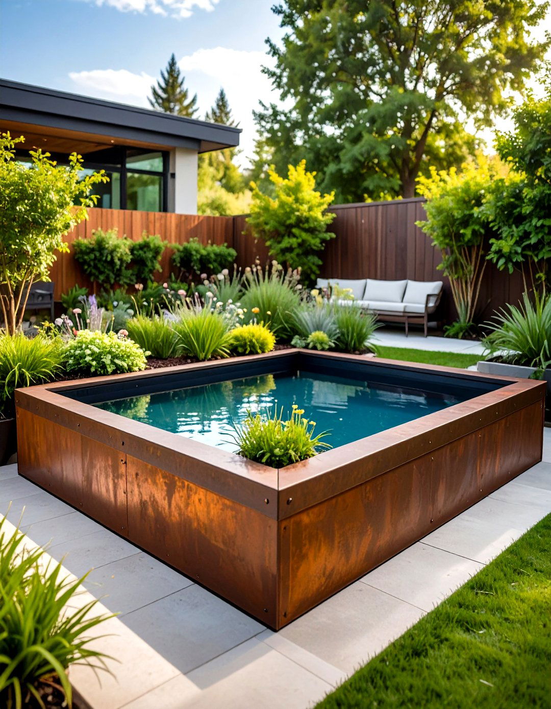 Corten Steel Raised Pool with Built in Planters - 24 Small Garden Reflecting Pool Ideas
