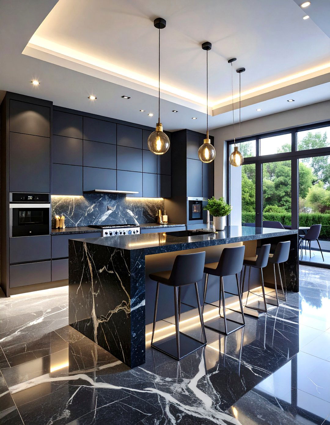 Cosmic Black Granite with Contemporary Glass Elements - 24 Black Granite Countertops Kitchen Ideas