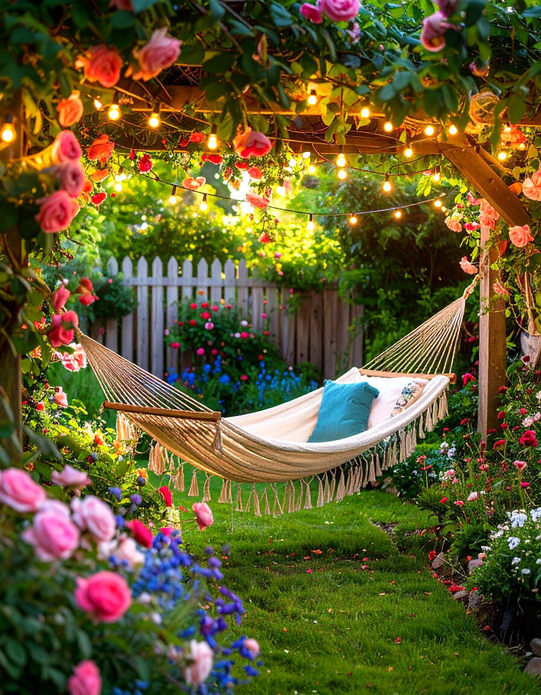 Cottage Garden Hammock Nook with Climbing Roses - 24 Garden Nook Ideas