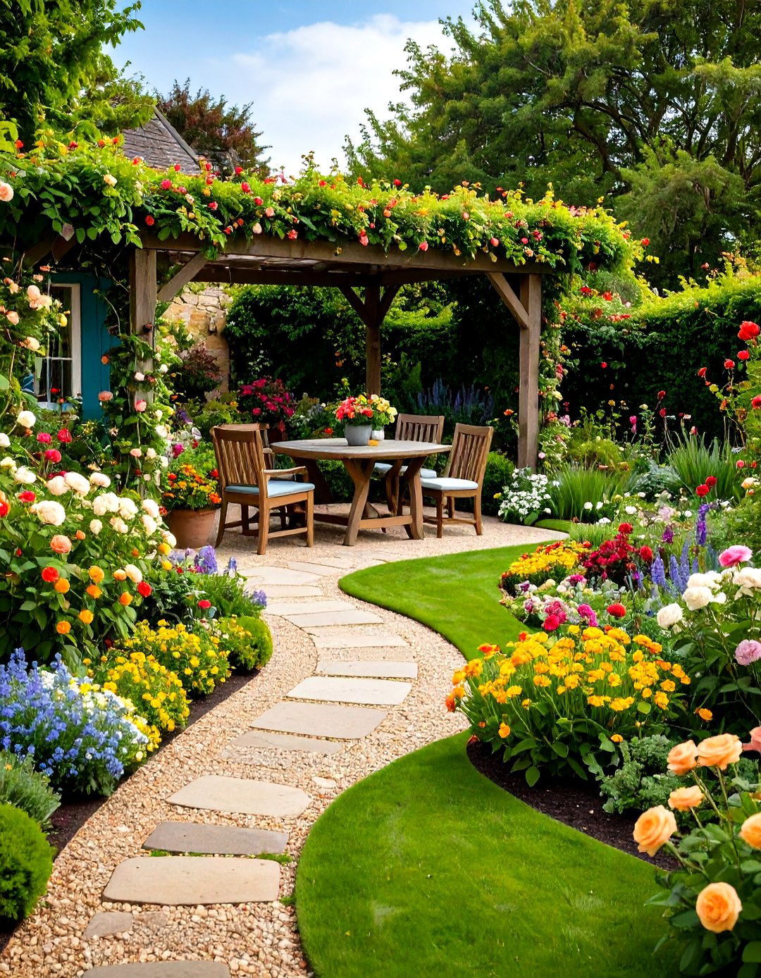 Cottage Garden Outdoor Space with Climbing Plants and Pathways - 24 Outdoor Living Space Ideas
