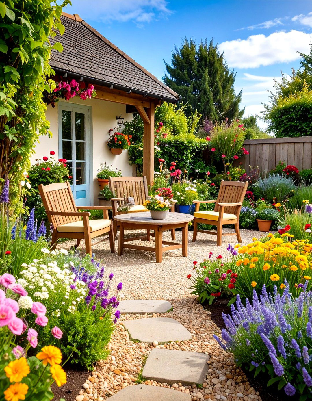 Cottage Garden Patio with Mixed Plantings - 24 Small Patio Ideas