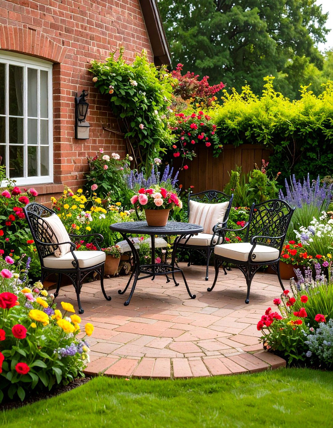 Cottage Garden Patio with Mixed Plantings - 24 Front Yard Patio Ideas