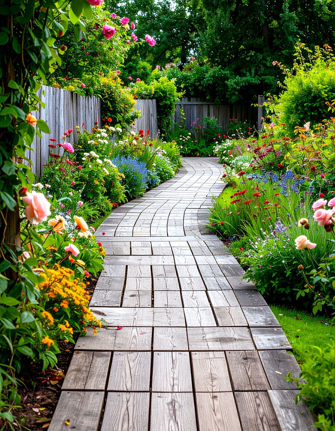 Cottage Garden Wood Plank Path - 24 Wooden Walkway Ideas
