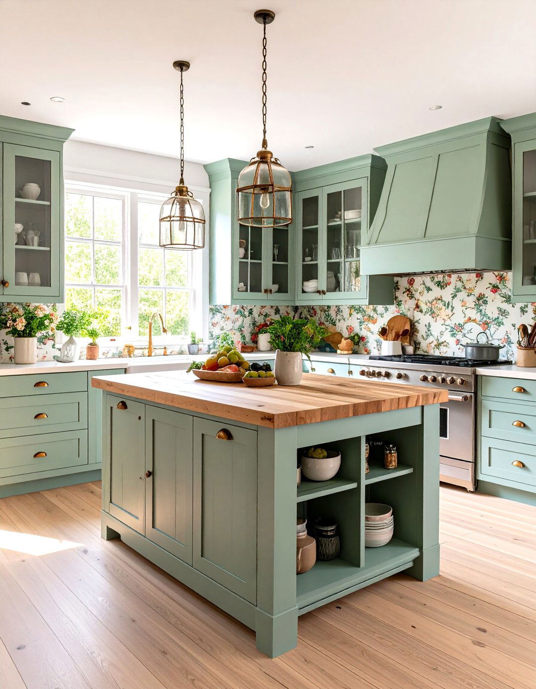 Cottage Kitchen with Painted Butcher Block Island - 24 Kitchens With Butcher Block Countertops