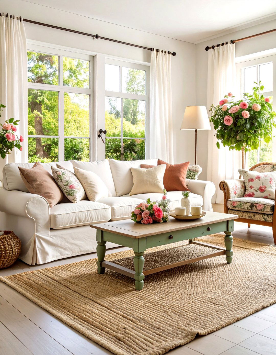 Cottage Living Room with Floral Patterns and Vintage Furniture