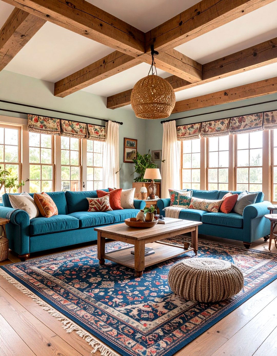 Cottage Living Room with Painted Beam Details - 24 Exposed Beam Living Room Ideas