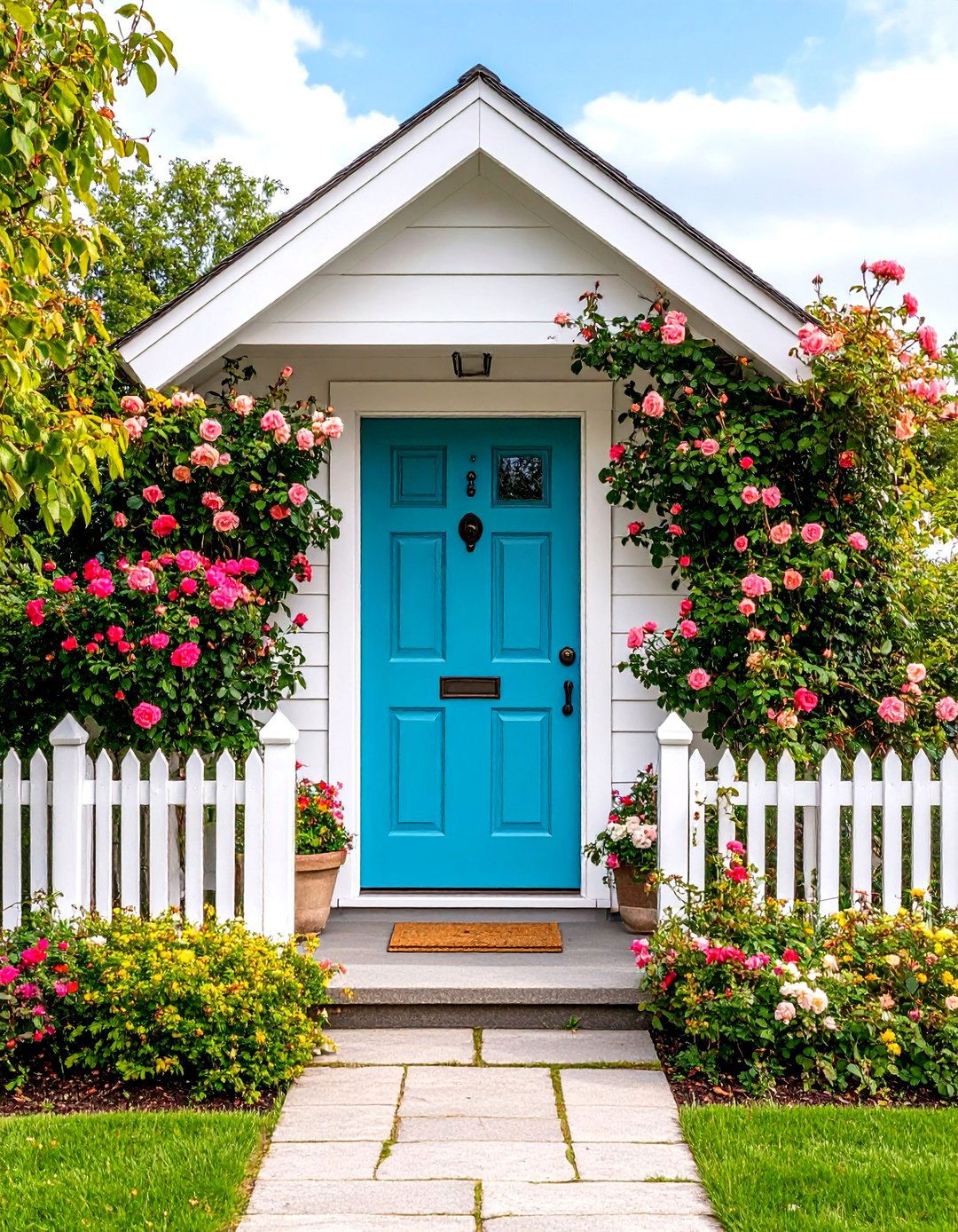 Cottage Style Turquoise Door with Garden Integration - 24 Turquoise Front Door Ideas
