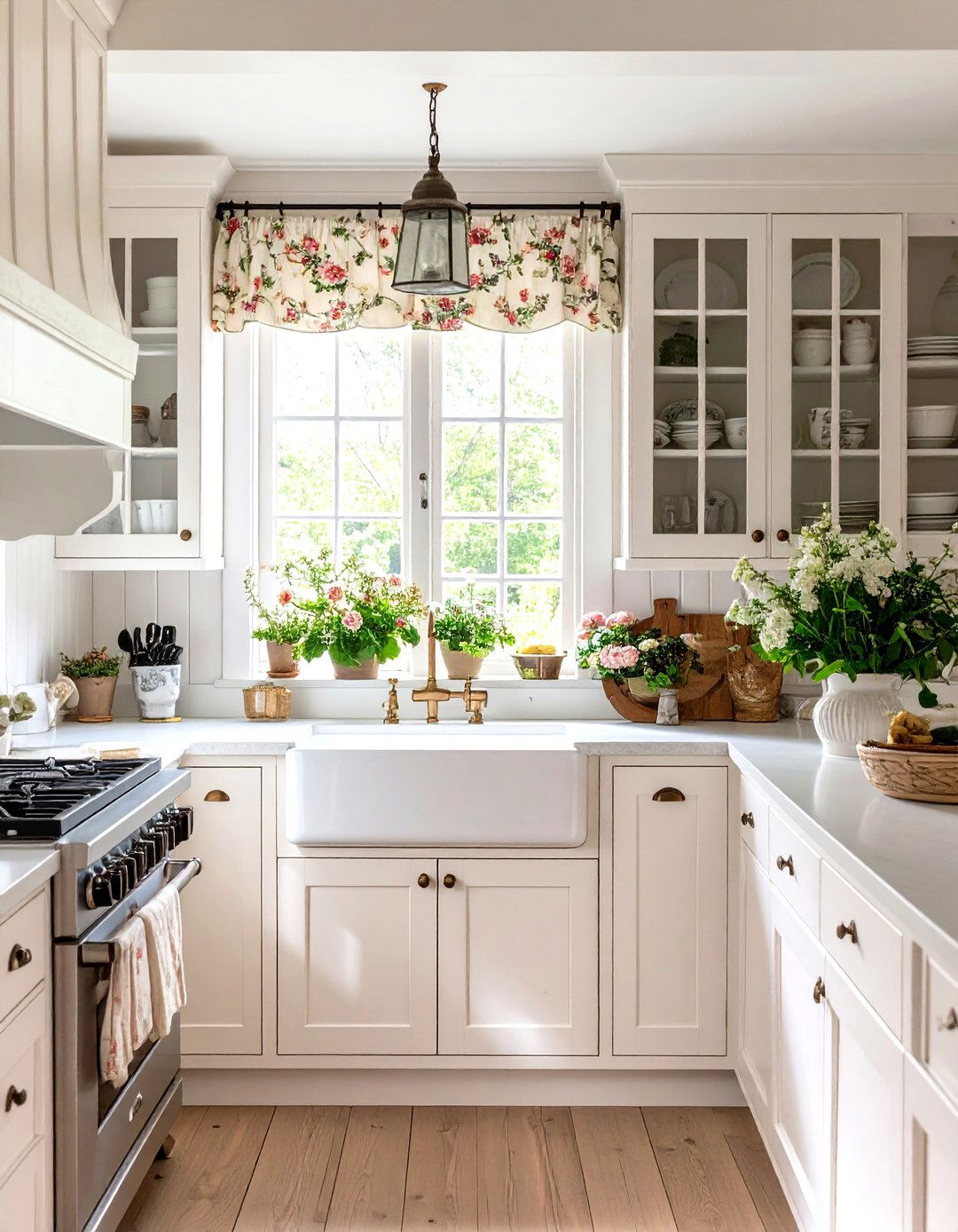 Cottage Style White Kitchen with Floral Accent Details - 24 White Kitchen Ideas