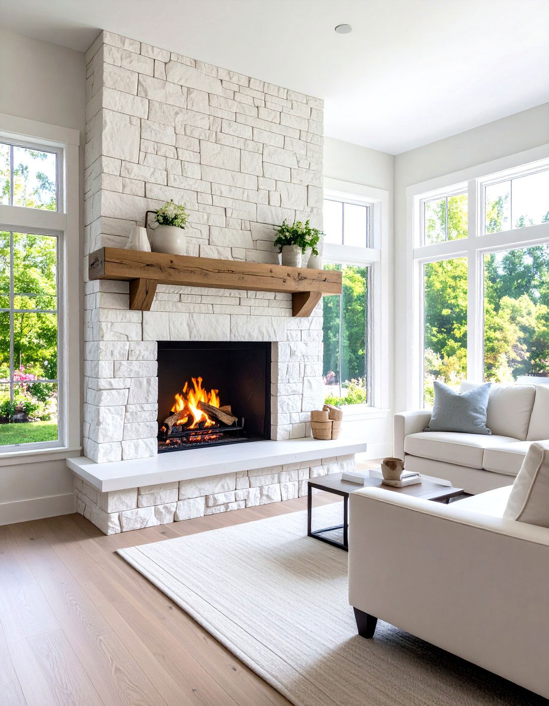 Cottage Style White Stone Veneer Application - 24 Faux Stone Fireplace Ideas