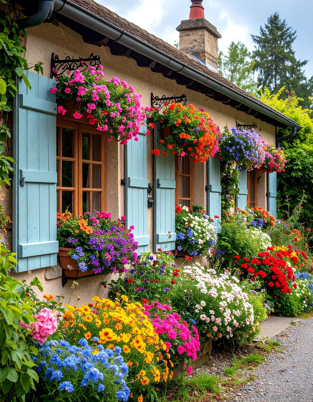 Cottage with Window Boxes and Shutters - 24 Cottagecore House Exterior Ideas