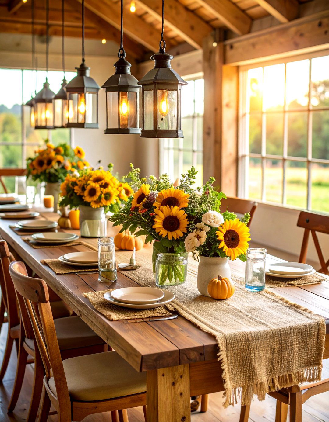 Country Barn Lanterns with Burlap Accents - 24 Lantern Centerpiece Ideas