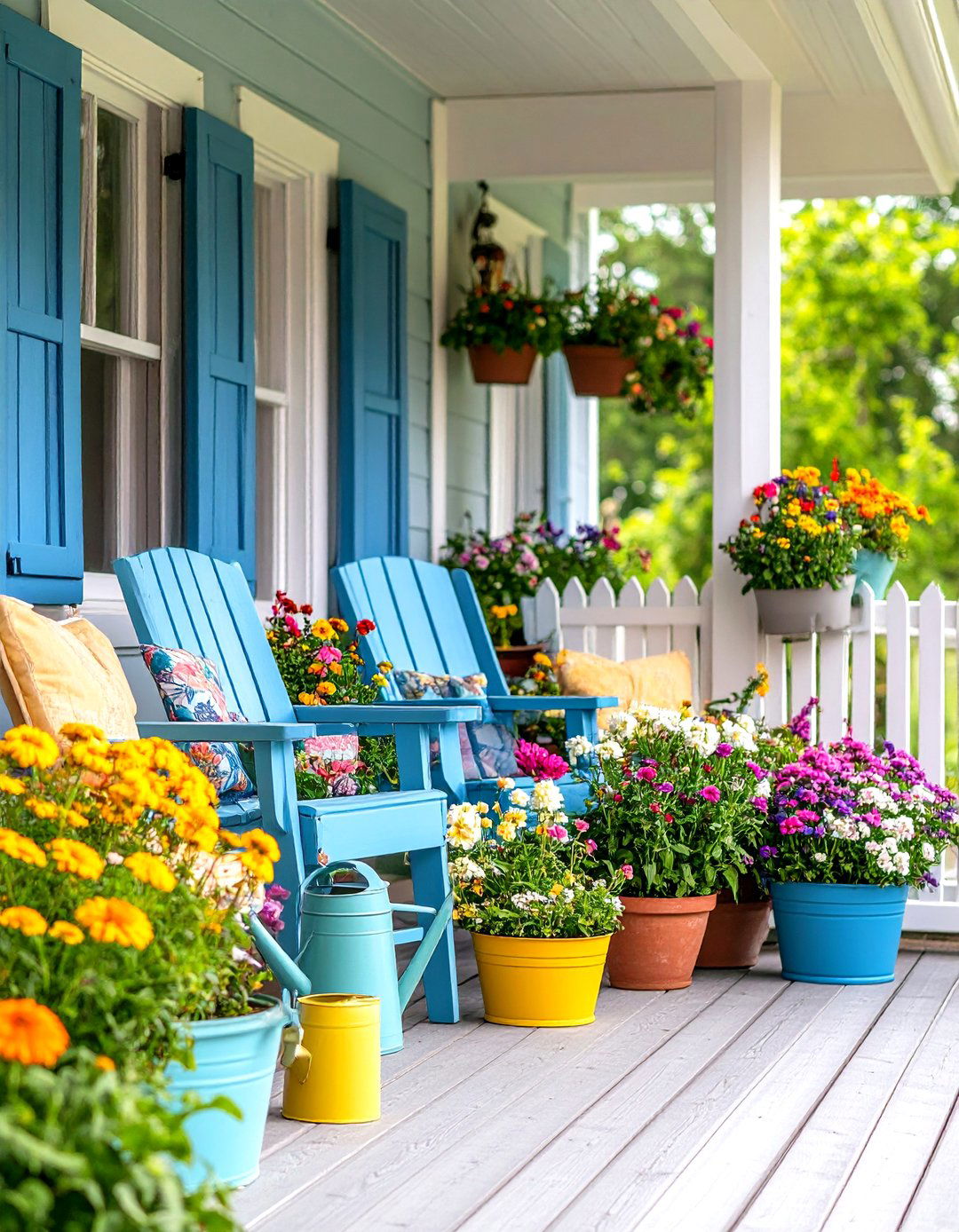 Country Cottage Porch with Picket Fence Planters and Wildflowers - 24 Small Porch Ideas