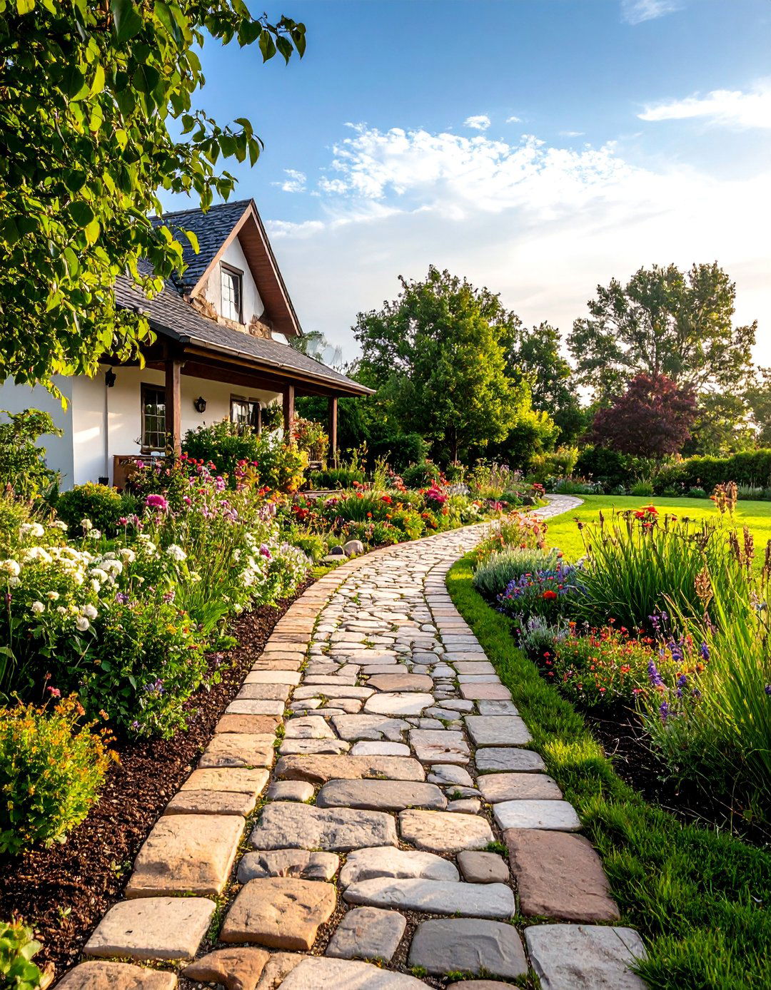 Country Farmhouse Cobblestone Approach - 24 Cobble Stone Walkway Ideas