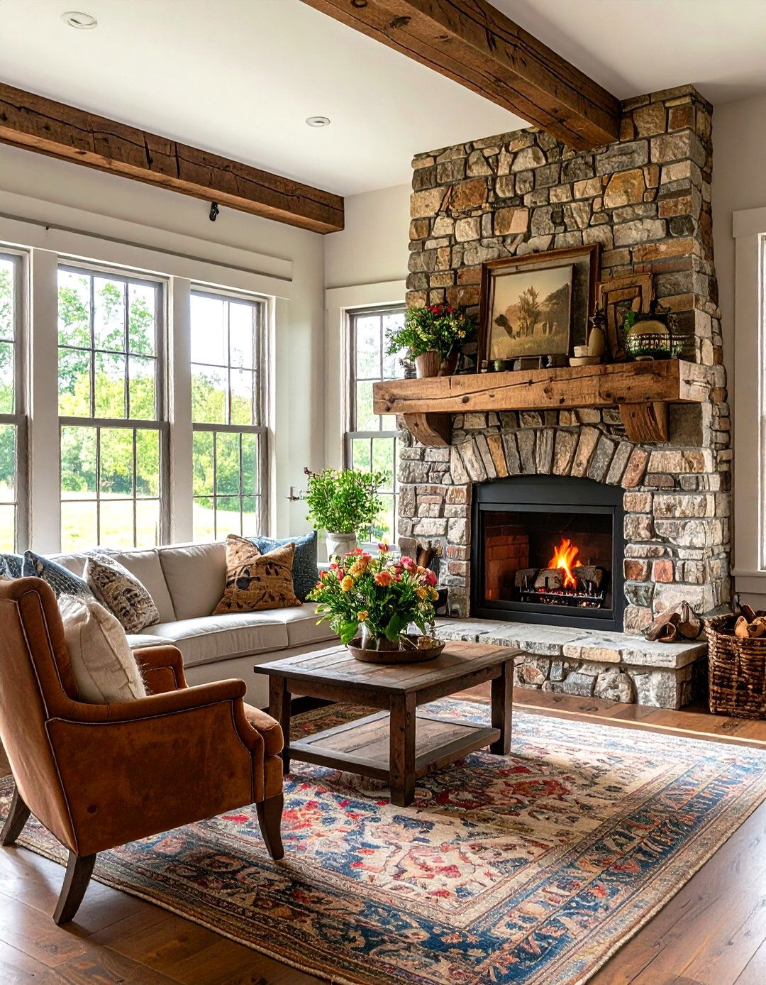 Country Farmhouse Stone and Brick Combination - 24 Faux Stone Fireplace Ideas