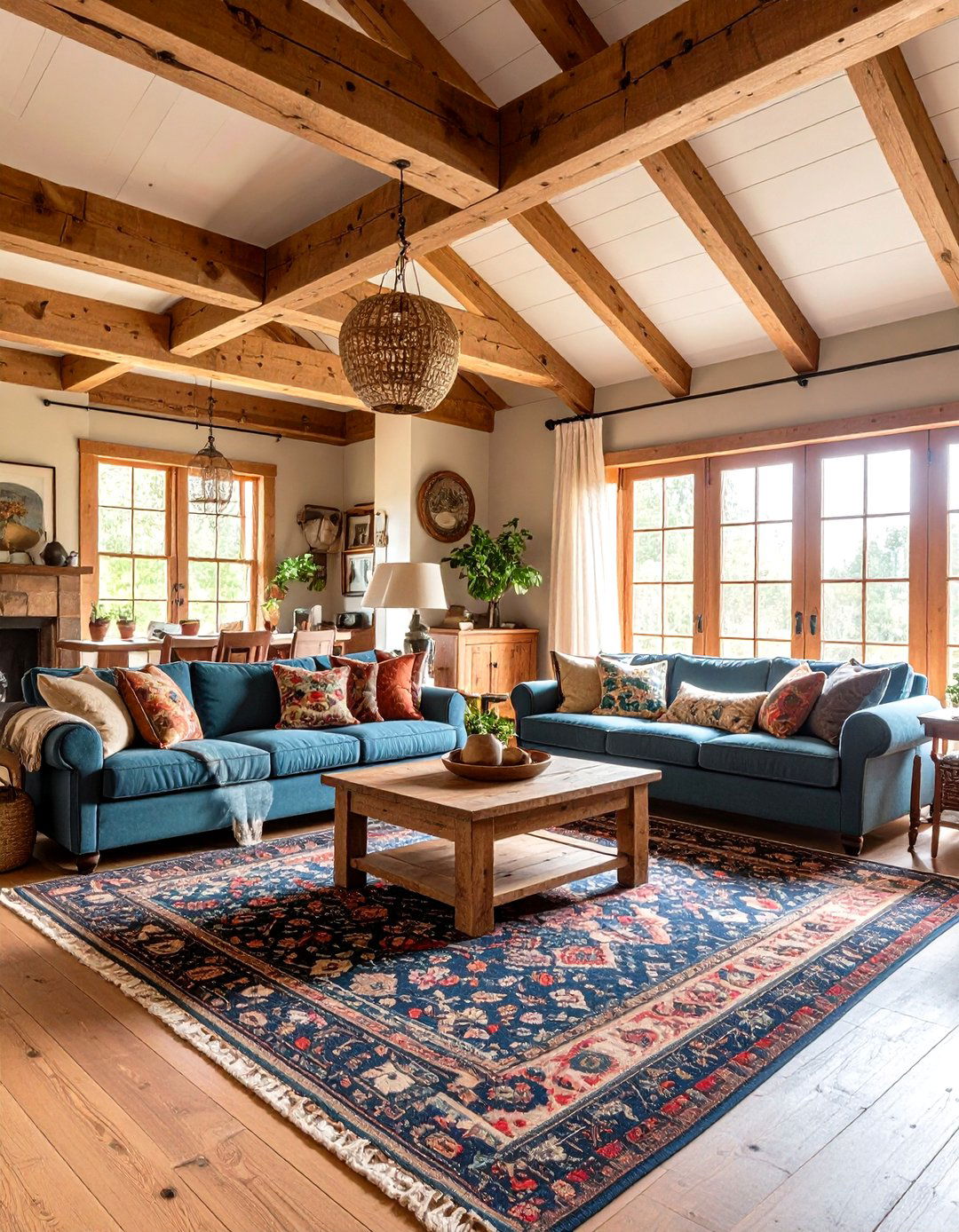 Country Living Room with Whitewashed Beam Treatment - 24 Exposed Beam Living Room Ideas