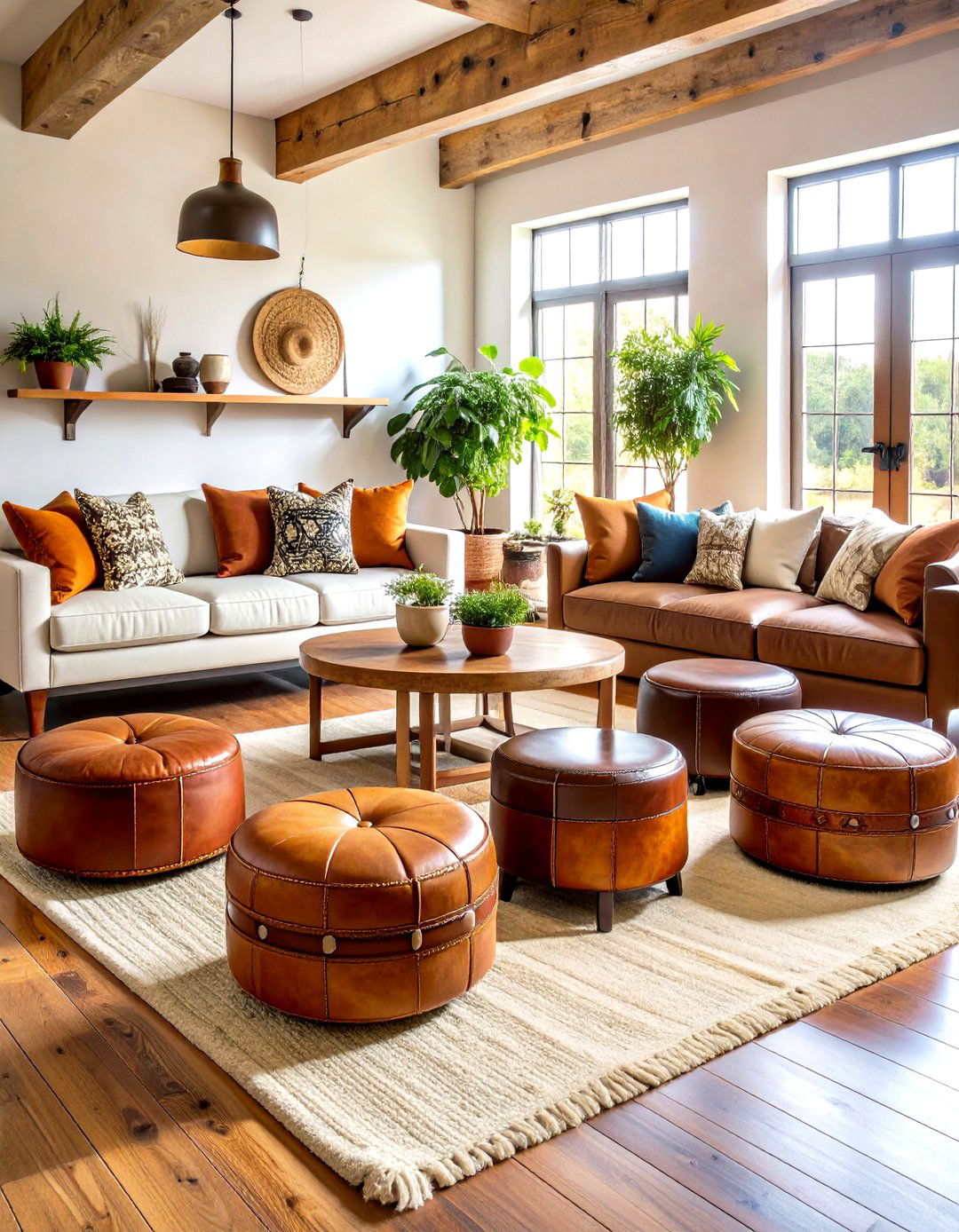 Cowhide Ottoman Arrangement - 24 Cowboy Room Decor Ideas