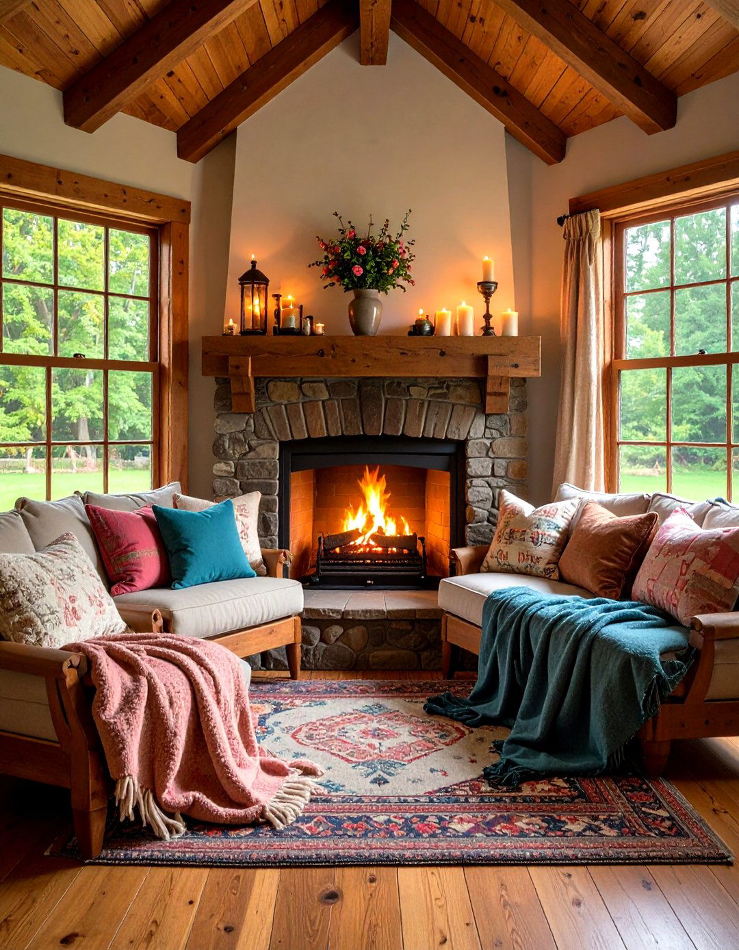 Cozy Fireplace Nook with Floor Seating - 24 Boho Cottage Style Decor Ideas