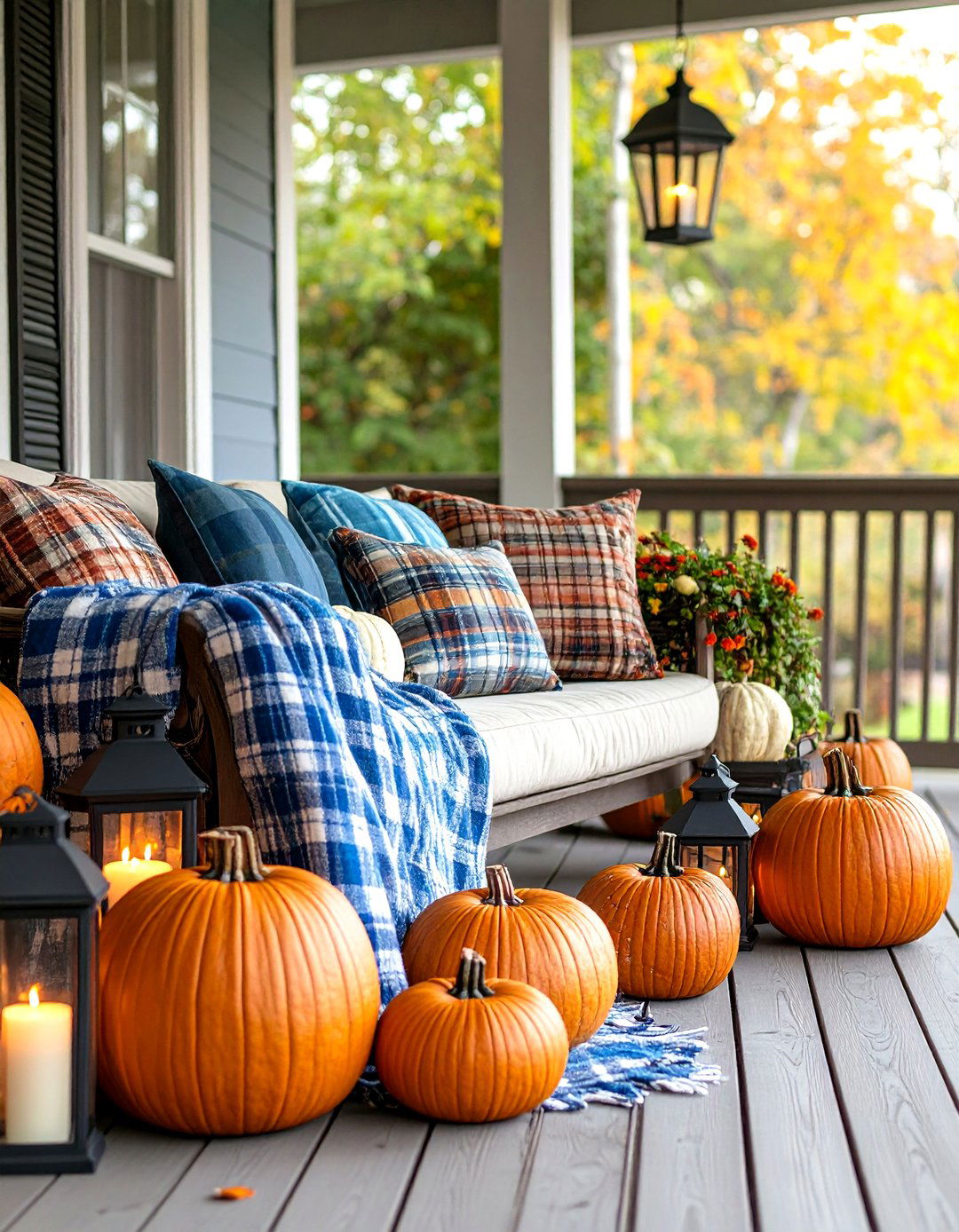 Cozy Plaid and Lantern Arrangement - 24 Fall Porch Decor Ideas