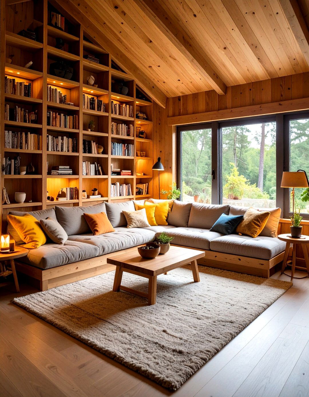 Cozy Reading Nook with Built in Bookshelves - 24 One Room Cabin Interior Design Ideas