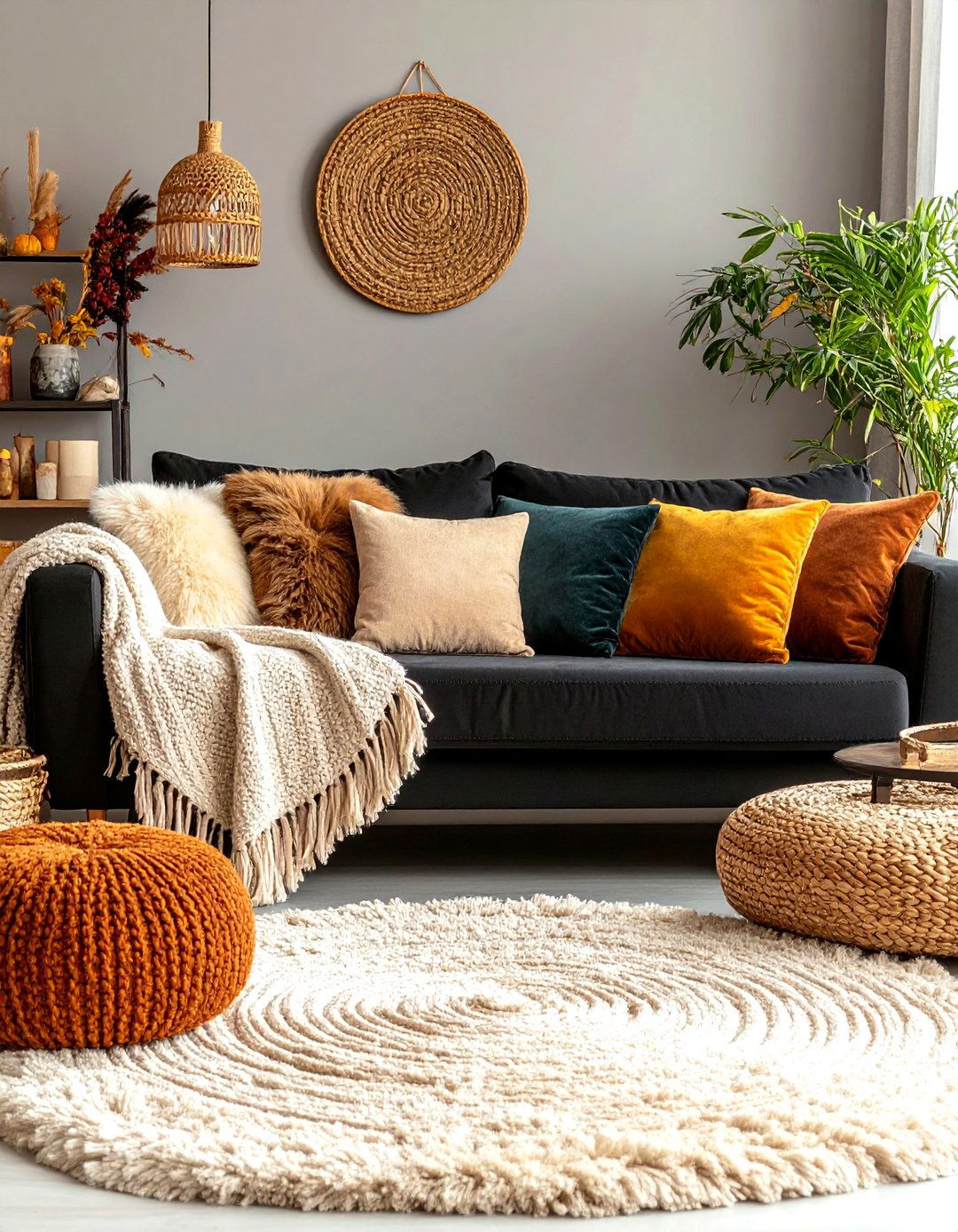 Cozy Texture Layering - 24 Living Room Ideas With Black Couches