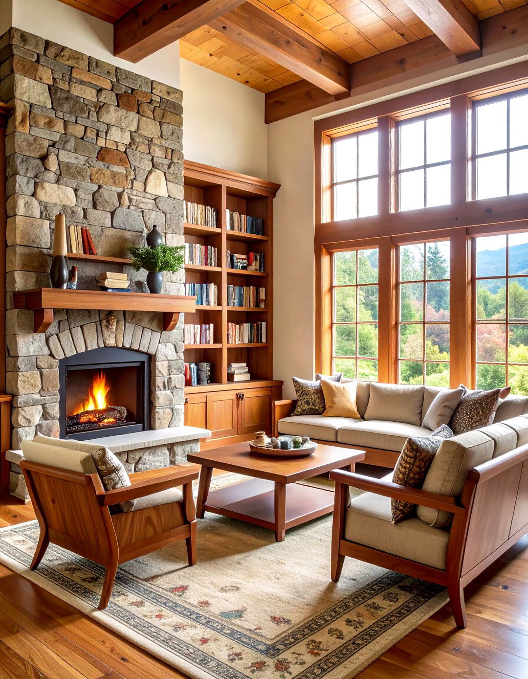 Craftsman Built In Window Seat Combination - 24 Fireplace With Bookshelves