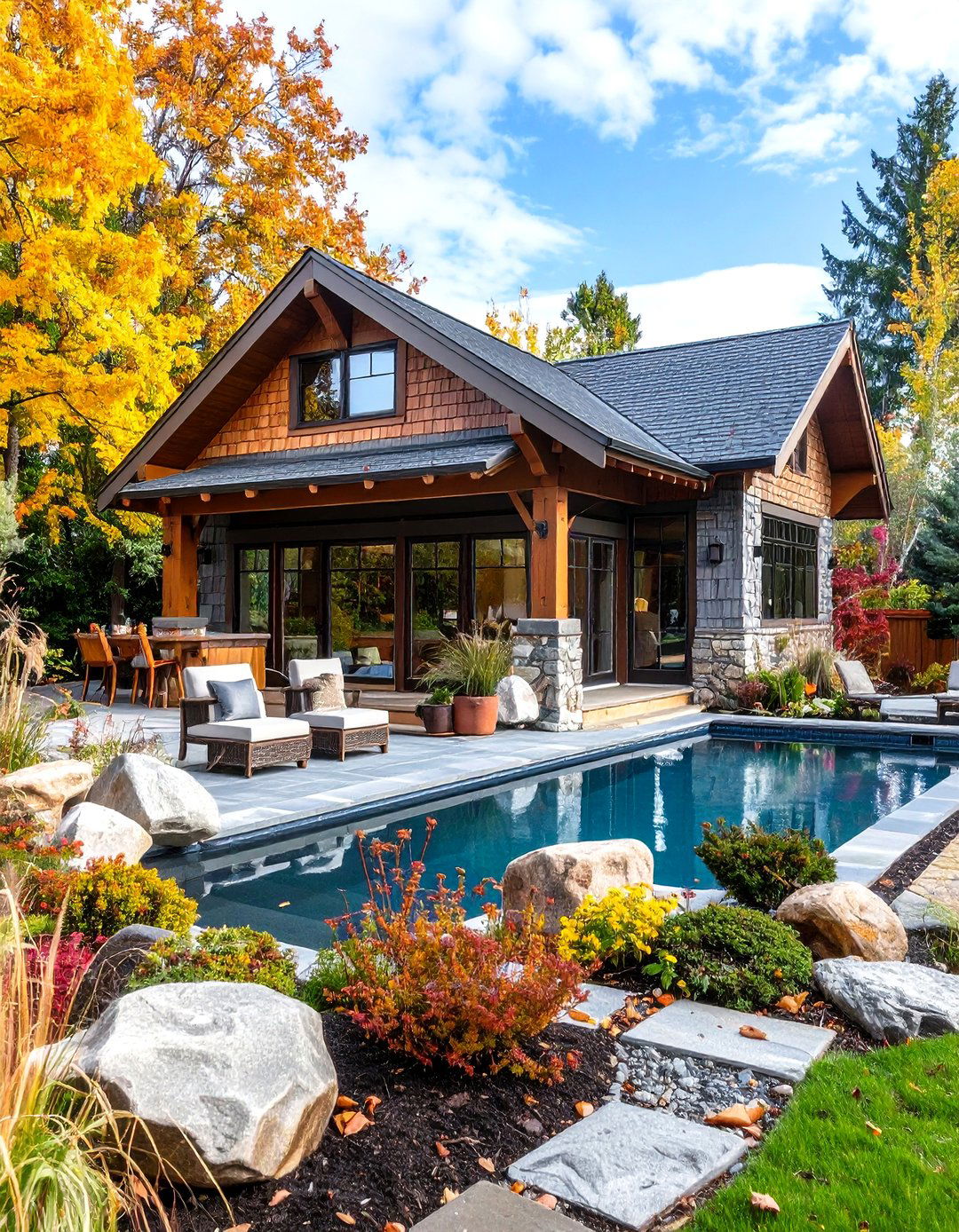 Craftsman Bungalow Pool House with Artisan Kitchen - 24 Pool House With Outdoor Kitchen Ideas