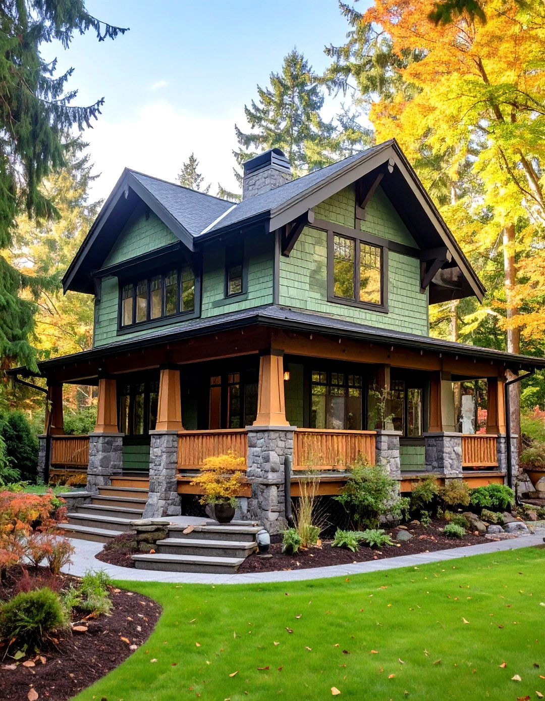 Craftsman Bungalow Sage Green With Black Window Frames - 24 Sage Green House With Black Trim Ideas