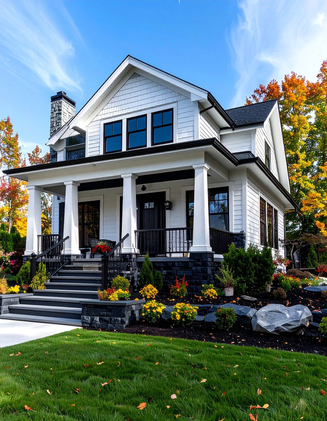 Craftsman Bungalow White Siding with Black Stone Accents - 24 Black and White House Exterior Ideas