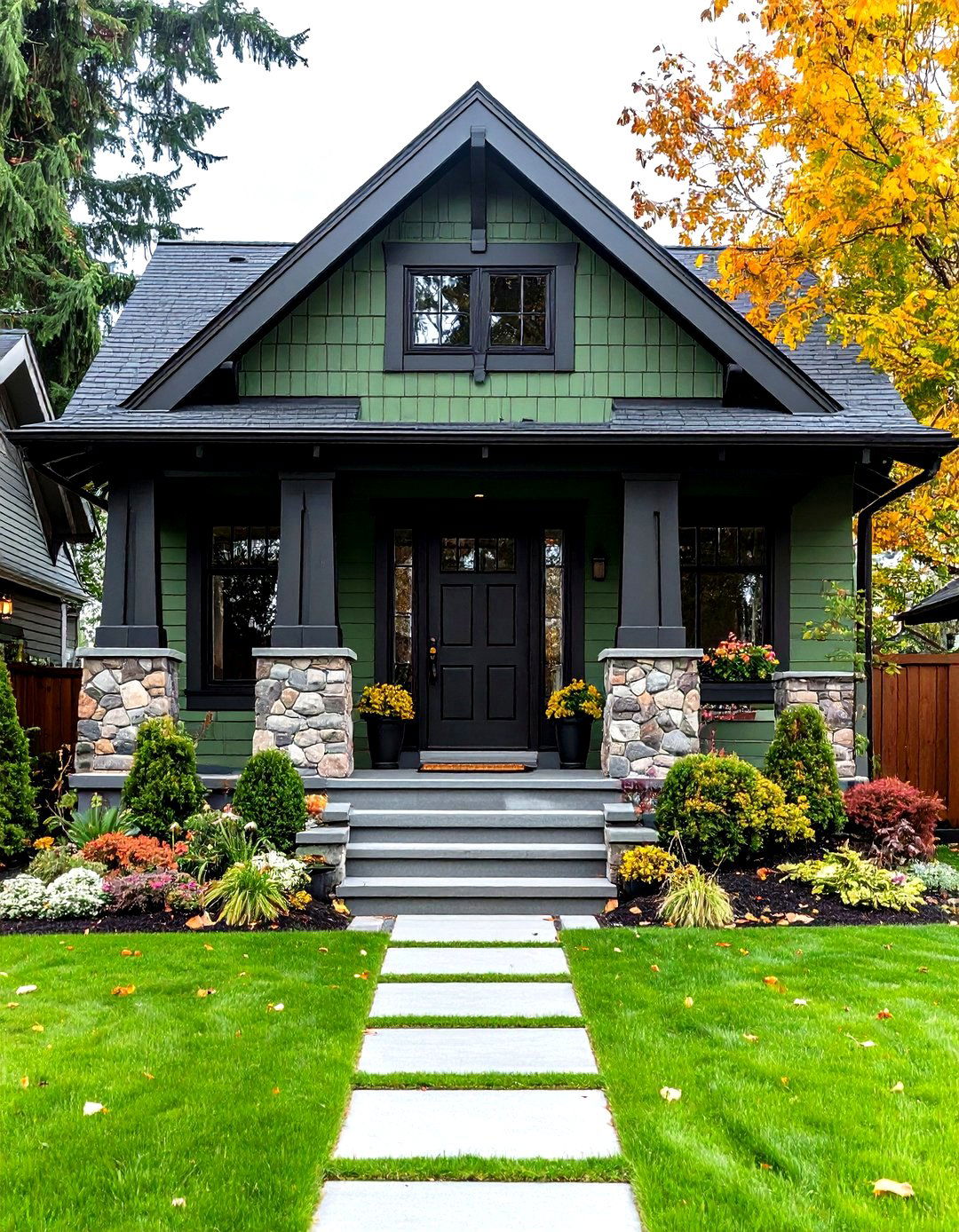 Craftsman Bungalow in Sage Green with Black Accents - 24 Sage Green House With Black Door