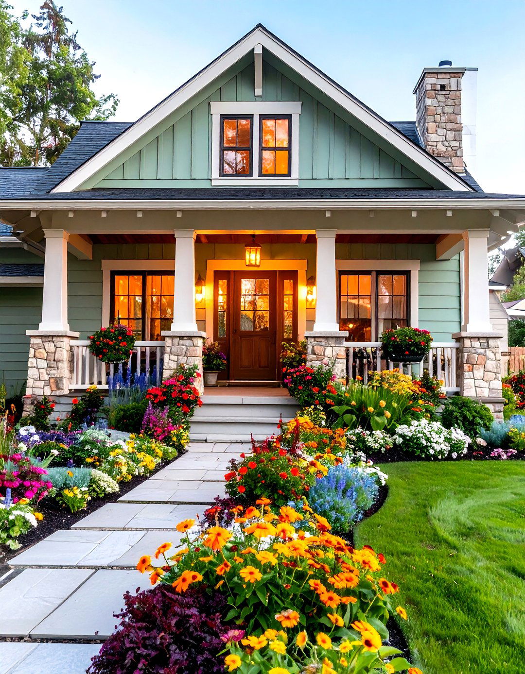 Craftsman Ranch with Stone Pillars and Mixed Perennial Borders - 24 Curb Appeal Inspiration for Ranch Homes