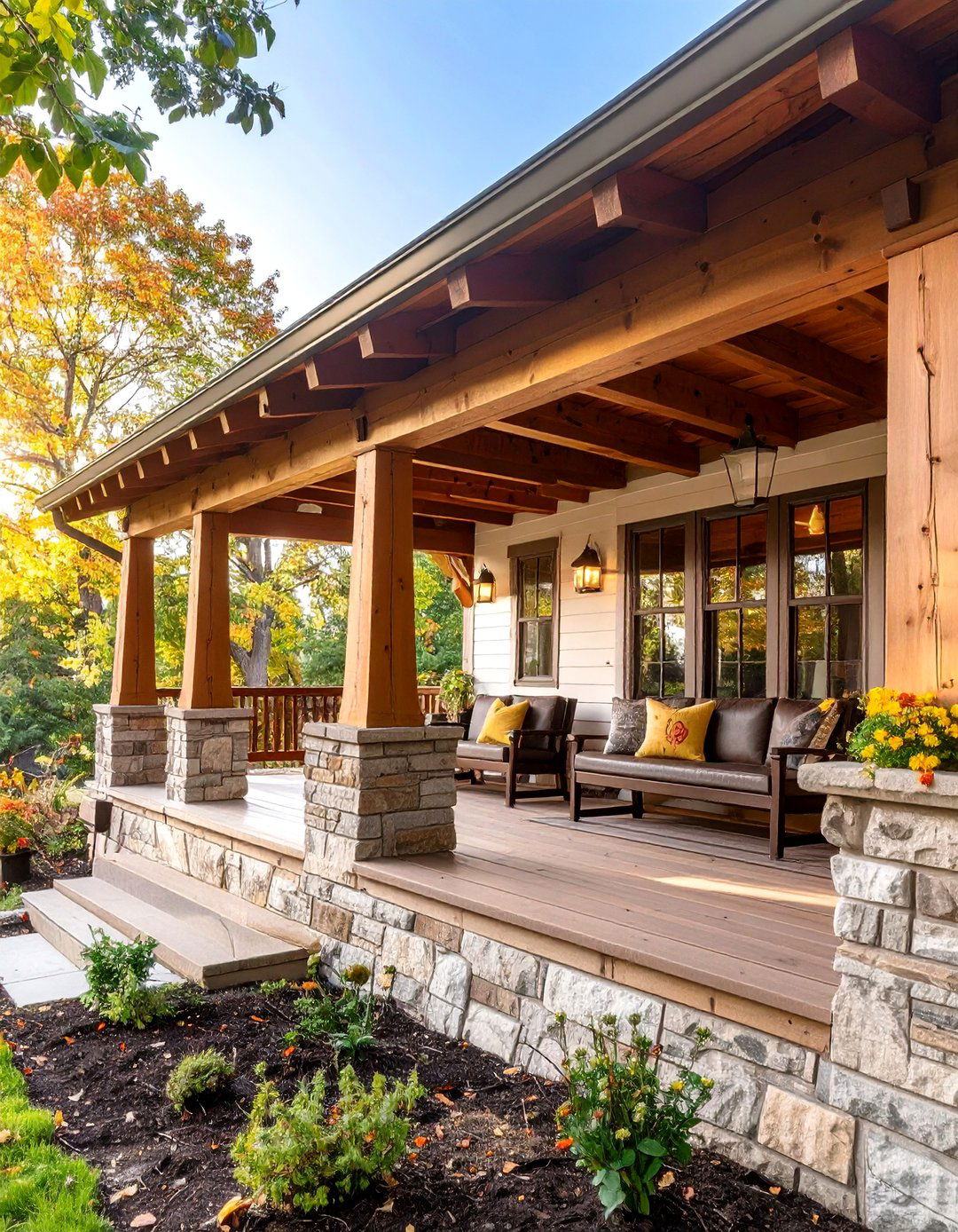 Craftsman Style Covered Porch with Tapered Stone Columns - 24 Covered Porch Ideas