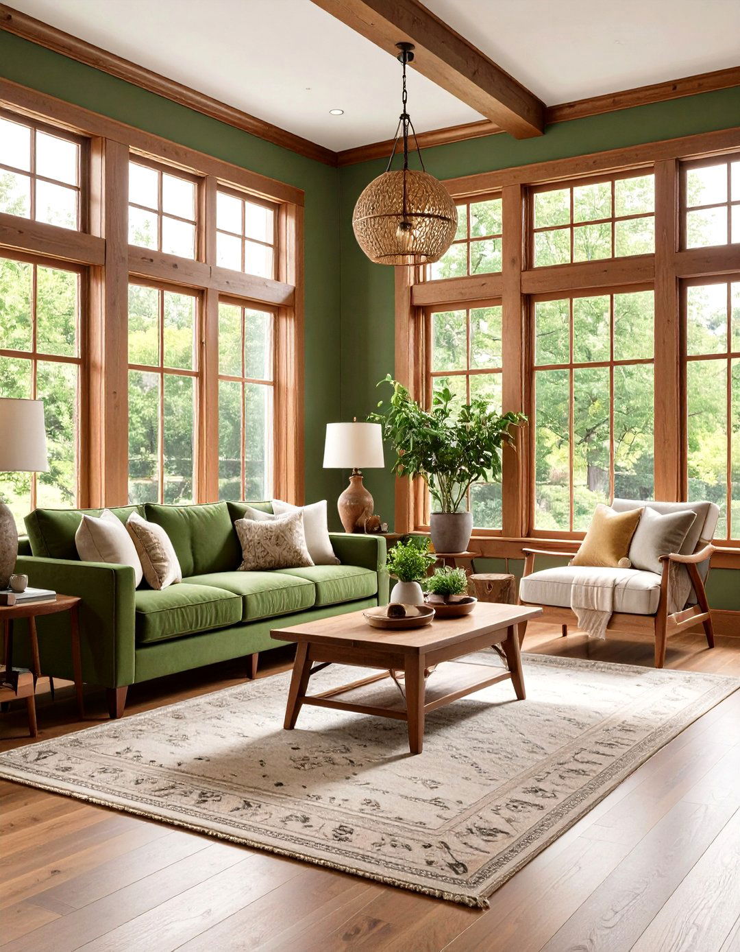 Craftsman Style Living Room with Olive Green Built in Seating