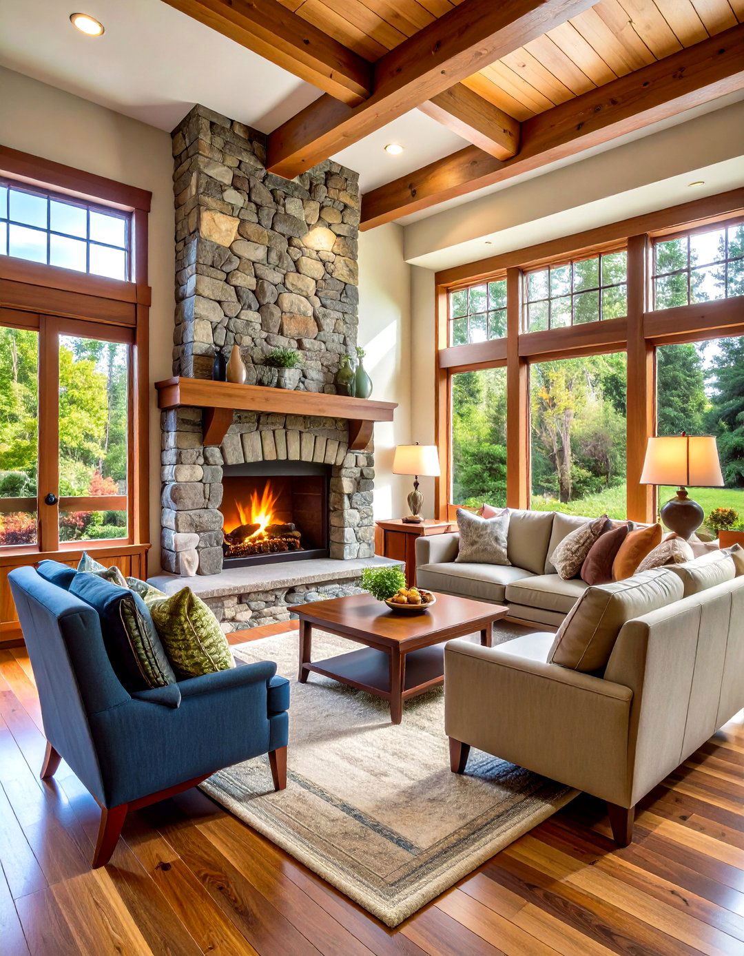 Craftsman Style River Rock with Built Ins - 24 River Rock Fireplace Ideas