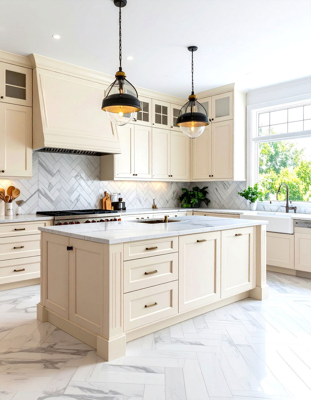 Cream Cabinets with Herringbone Tile Backsplash - 24 Off-white Kitchen Cabinets