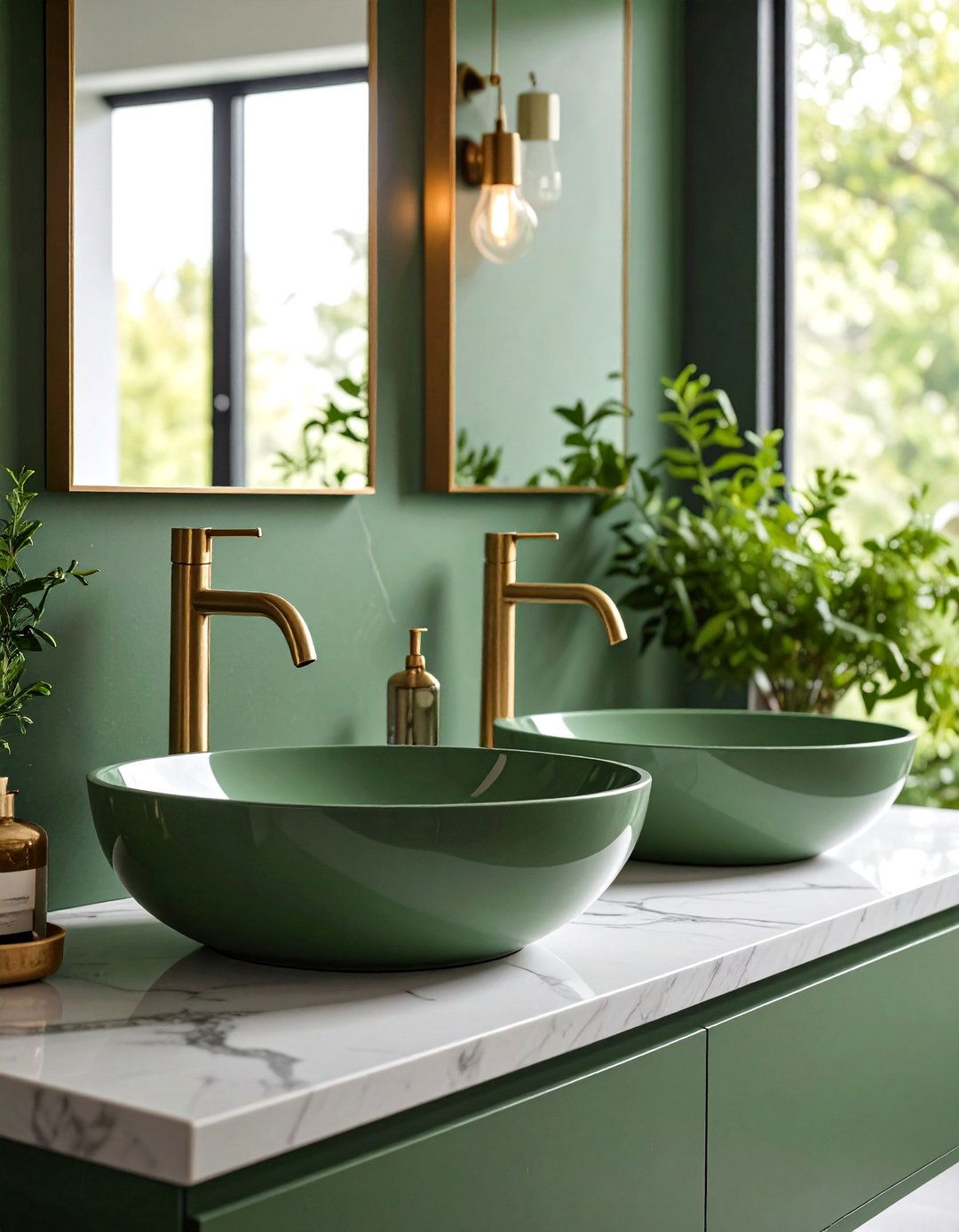 Cream Faucets with Sage Green Vessel Sinks - 24 Sage Green and Cream Bathroom Ideas