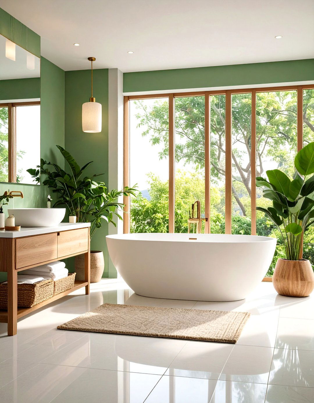 Cream Freestanding Tub with Sage Green Tile Surround - 24 Sage Green and Cream Bathroom Ideas