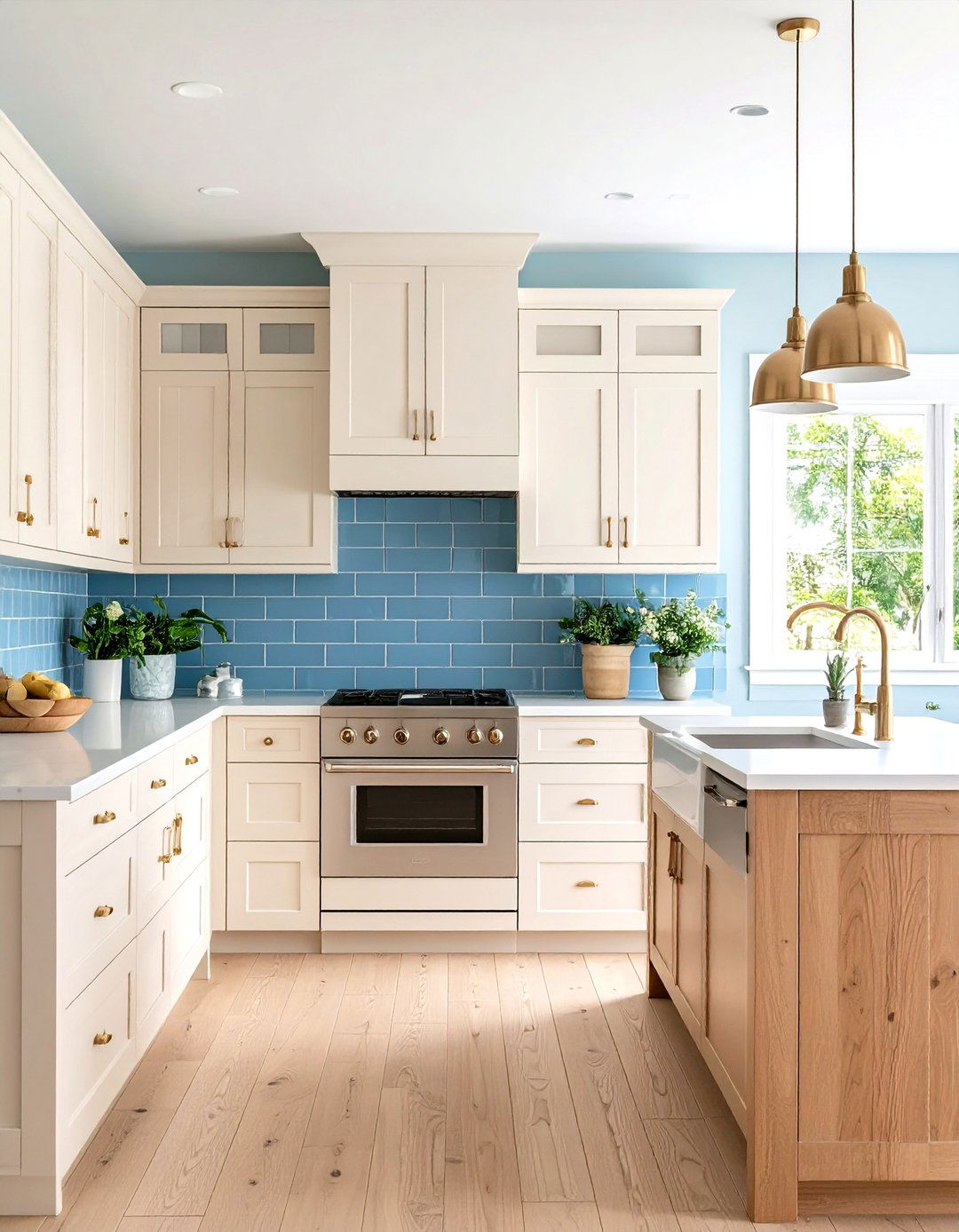 Cream Kitchen Cabinets with Blue Accent Colors - 24 Off-white Kitchen Cabinets