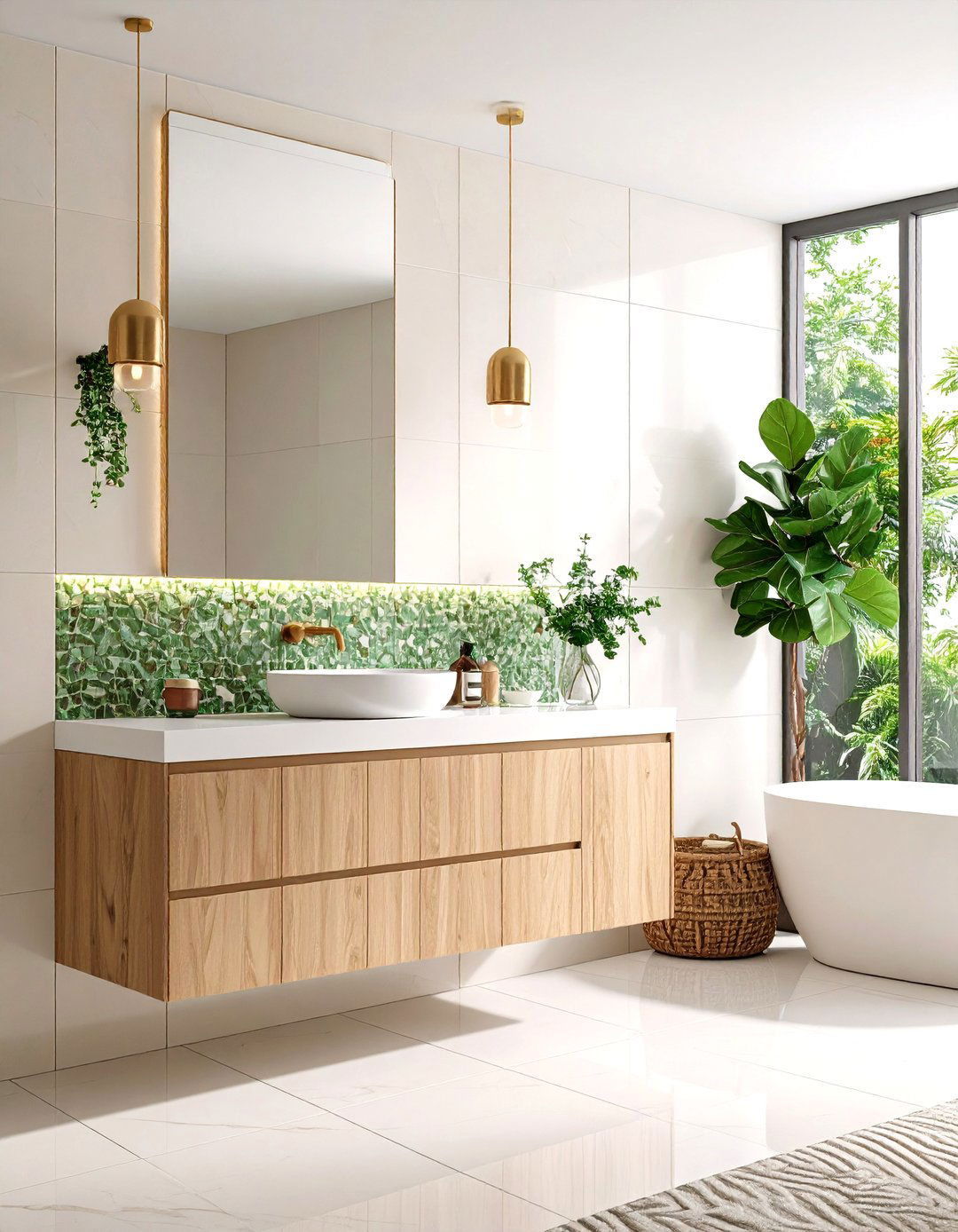 Cream Mosaic Tiles with Sage Green Vanity Backsplash - 24 Sage Green and Cream Bathroom Ideas