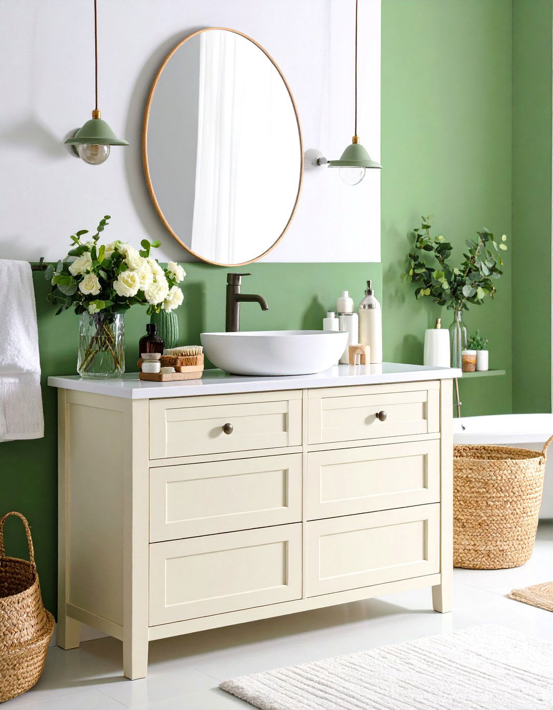 Cream Vanity with Sage Green Hardware and Accessories - 24 Sage Green and Cream Bathroom Ideas