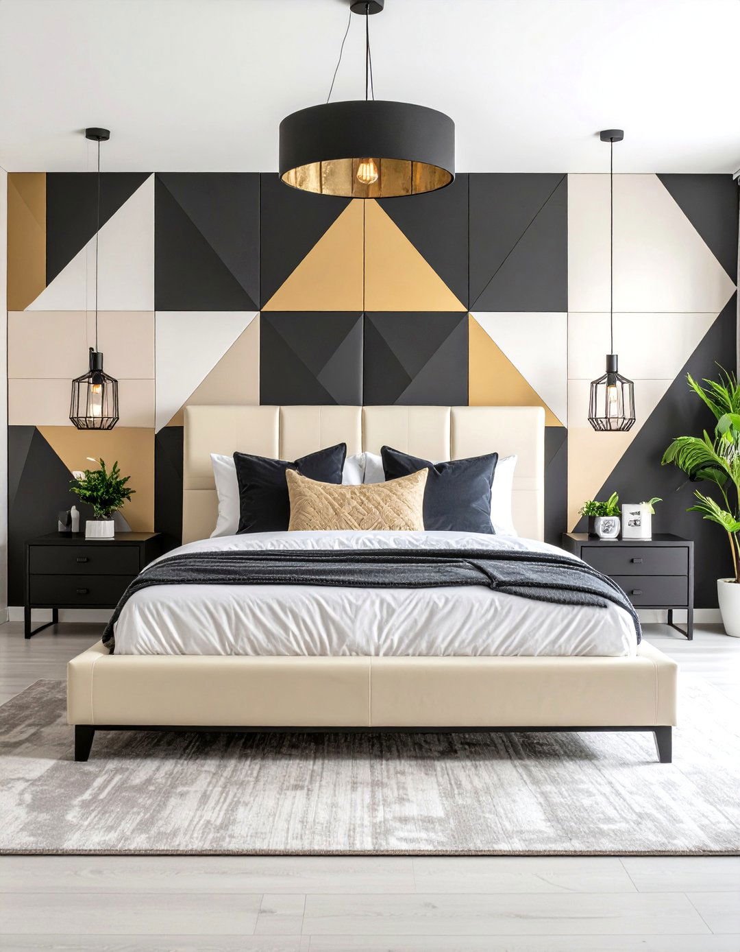 Cream and Black Bedroom with Bold Feature Wall Design - 24 Cream and Black Bedroom Ideas