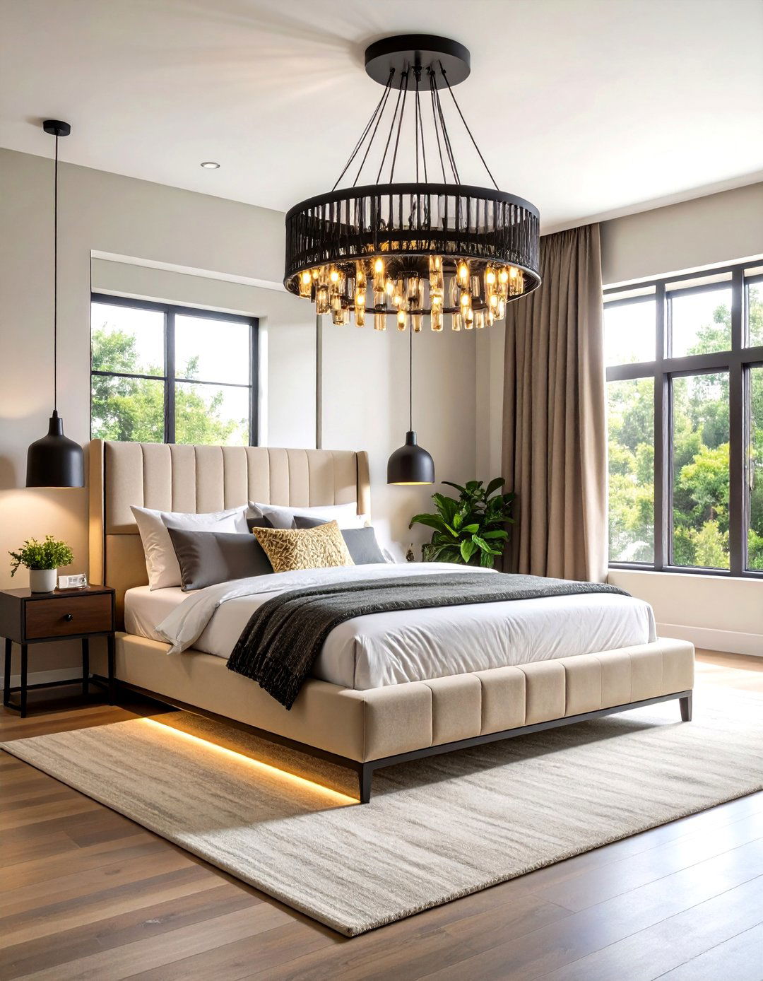 Cream and Black Bedroom with Dramatic Statement Lighting - 24 Cream and Black Bedroom Ideas
