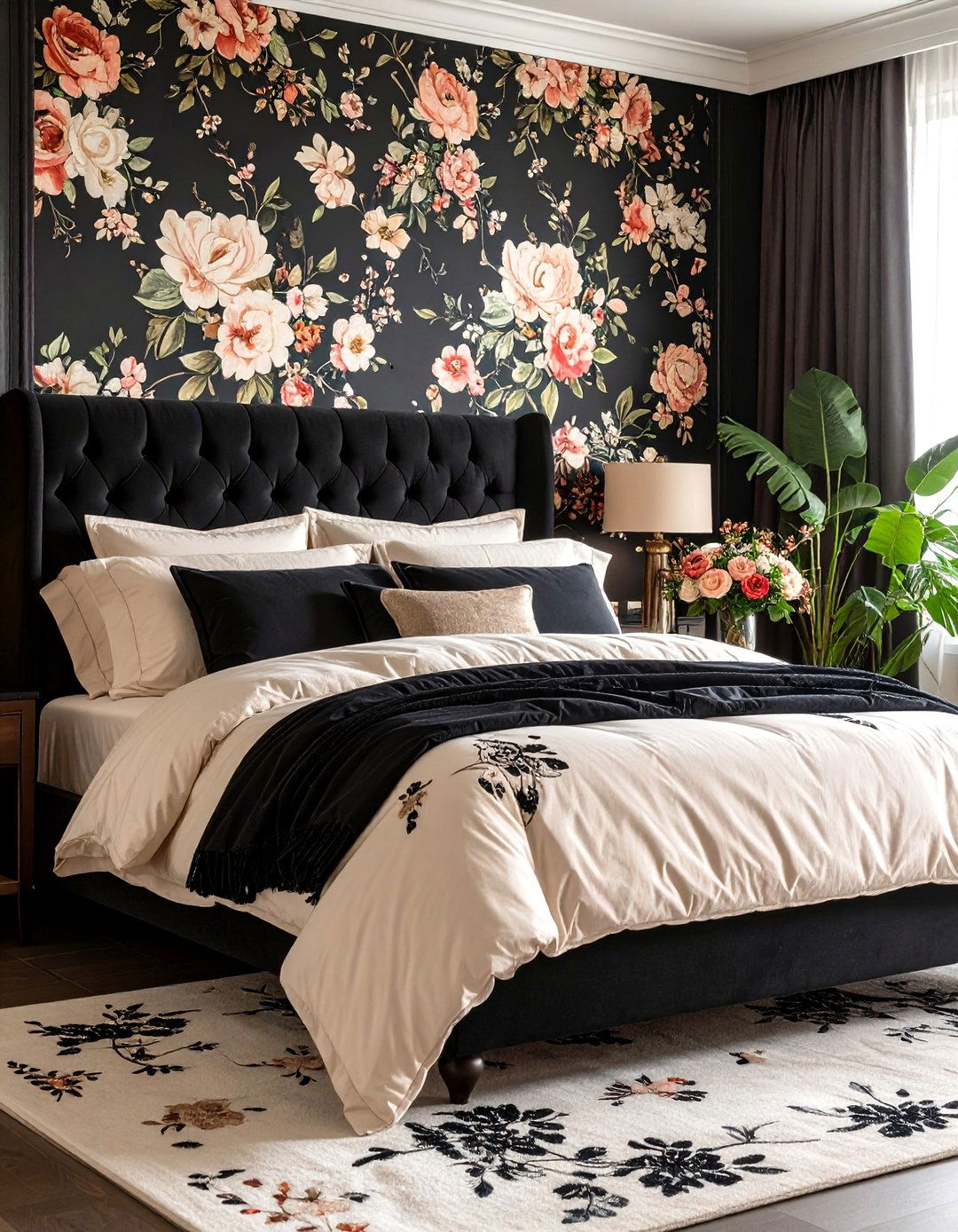 Cream and Black Bedroom with Floral Pattern Integration - 24 Cream and Black Bedroom Ideas